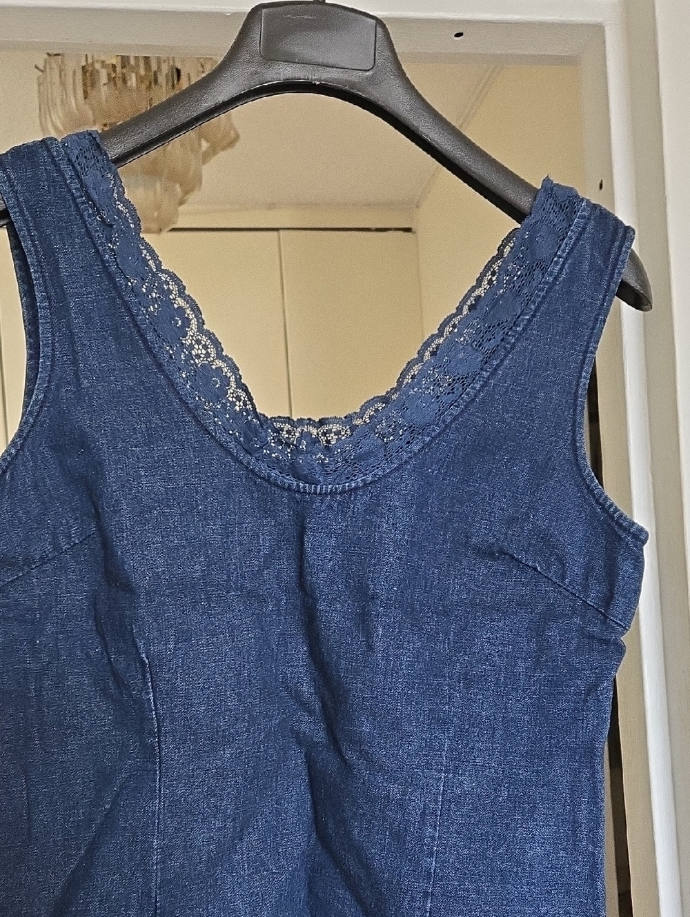 Sleeveless Denim-Look Tank with Lace Trim - Blue